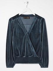 FatFace Blue Reese Velvet Wrap Top - Image 6 of 6