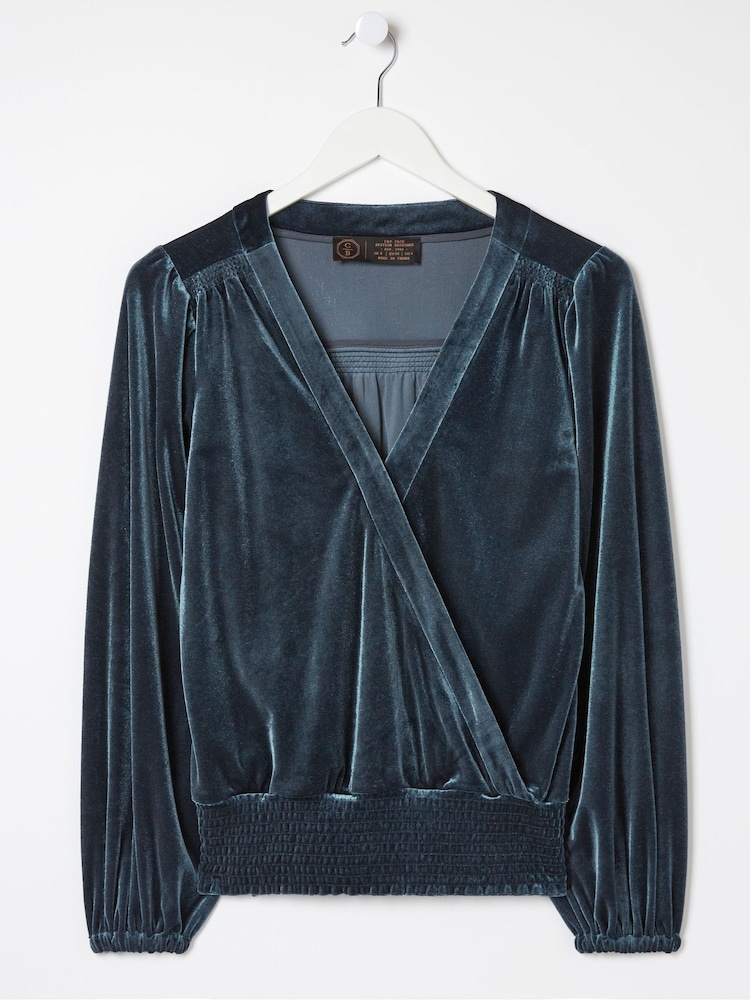FatFace Blue Reese Velvet Wrap Top - Image 6 of 6