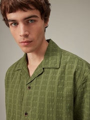 Green 100% Cotton Textured Short Sleeve Shirt with Cuban Collar - Image 1 of 8