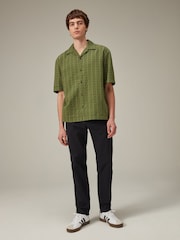Green 100% Cotton Textured Short Sleeve Shirt with Cuban Collar - Image 2 of 8