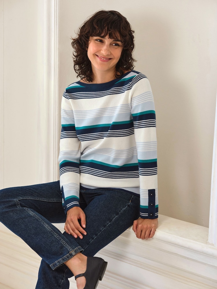 Pure Collection Blue Cotton Wool Stripe Jumper - Image 1 of 3 Pure Collection Blue Cotton Wool Stripe Jumper - Image 1 of 3