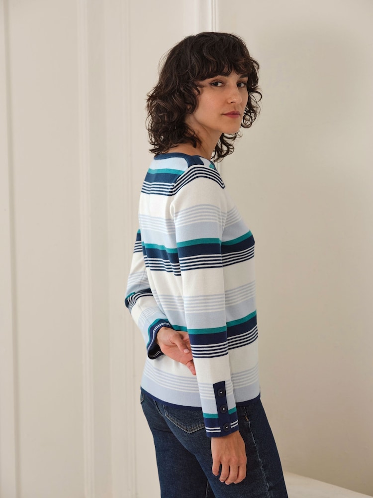 Pure Collection Blue Cotton Wool Stripe Jumper - Image 2 of 3 Pure Collection Blue Cotton Wool Stripe Jumper - Image 2 of 3