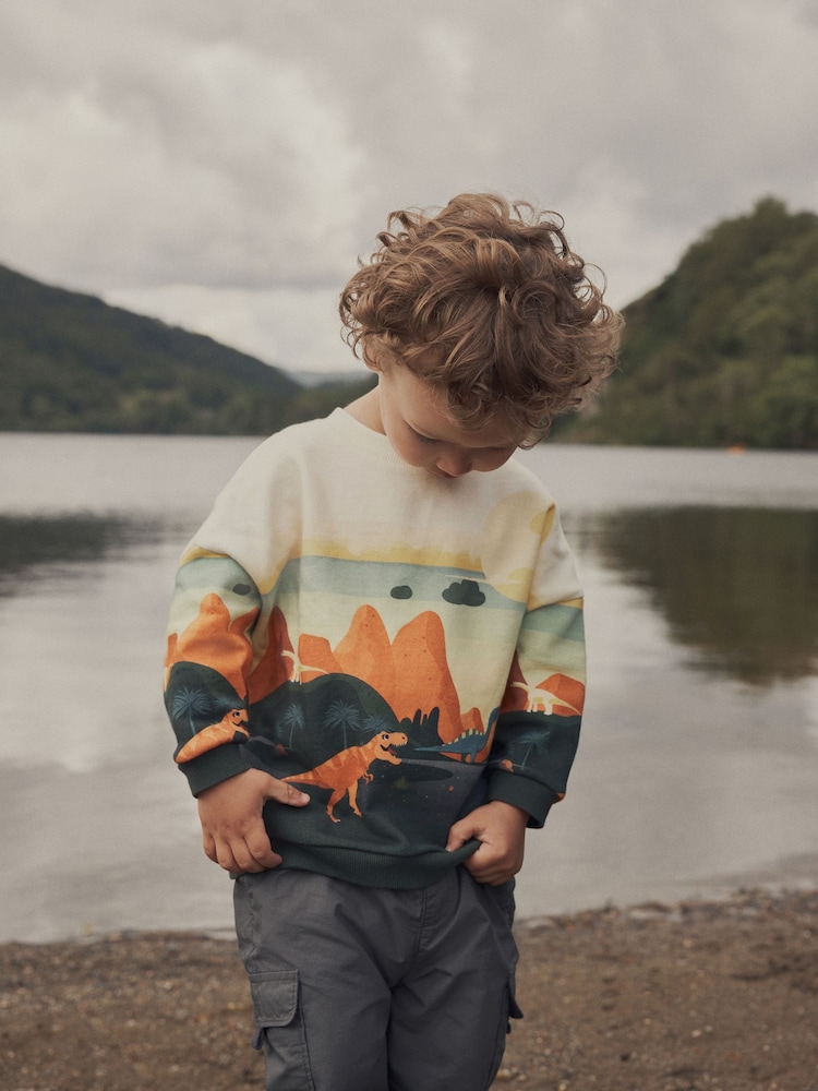 Orange/Cream Dinosaur Character Scene Crew Neck 100% Cotton Sweatshirt (3mths-7yrs) - Image 1 of 6