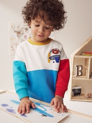 White/Blue/Red Colourblock Character Crew Neck 100% Cotton Sweatshirt (3mths-7yrs) - Image 1 of 8