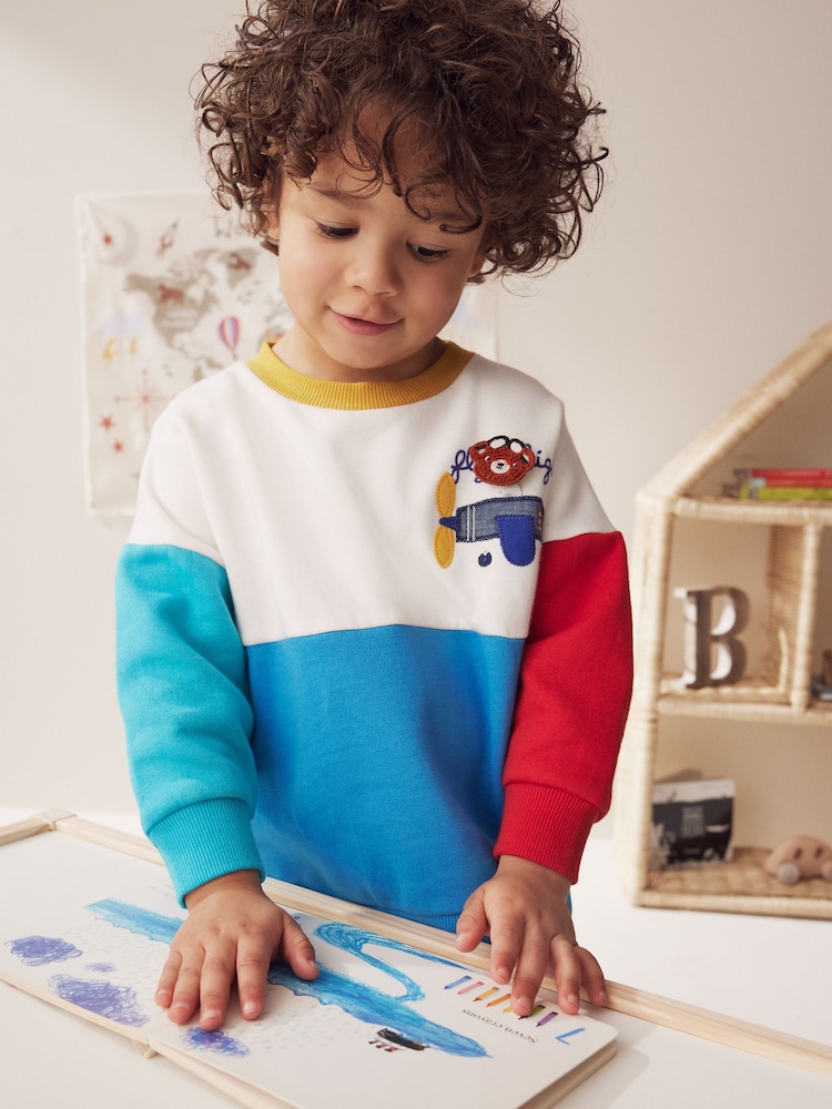 White/Blue/Red Colourblock Character Crew Neck 100% Cotton Sweatshirt (3mths-7yrs) - Image 1 of 8