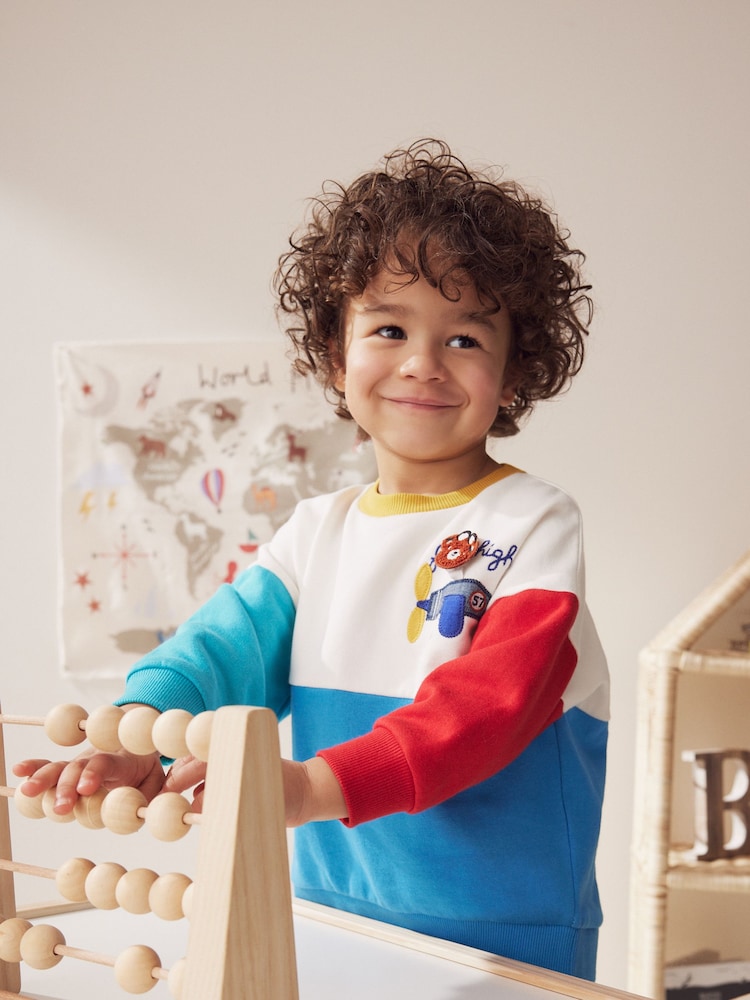 White/Blue/Red Colourblock Character Crew Neck 100% Cotton Sweatshirt (3mths-7yrs) - Image 2 of 8
