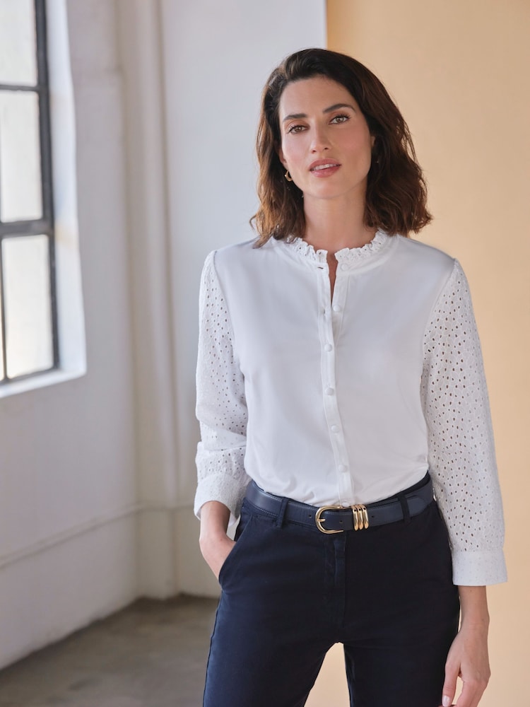 Pure Collection White Broderie Sleeve Jersey Shirt - Image 1 of 3