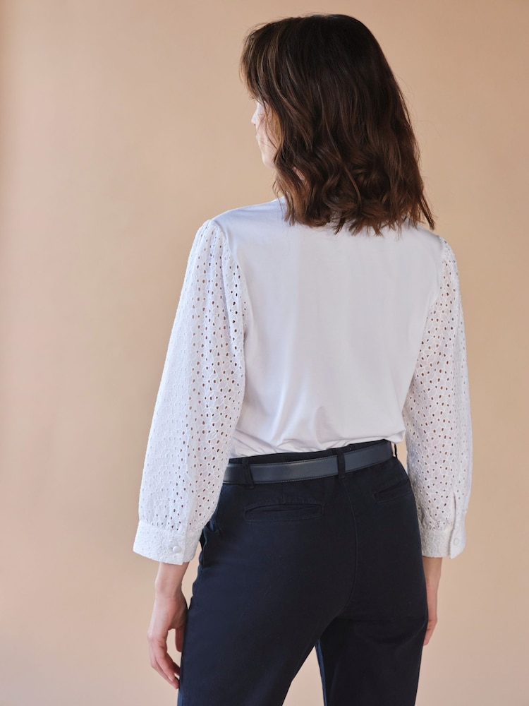 Pure Collection White Broderie Sleeve Jersey Shirt - Image 2 of 3