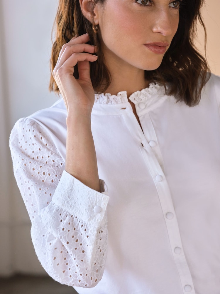 Pure Collection White Broderie Sleeve Jersey Shirt - Image 3 of 3