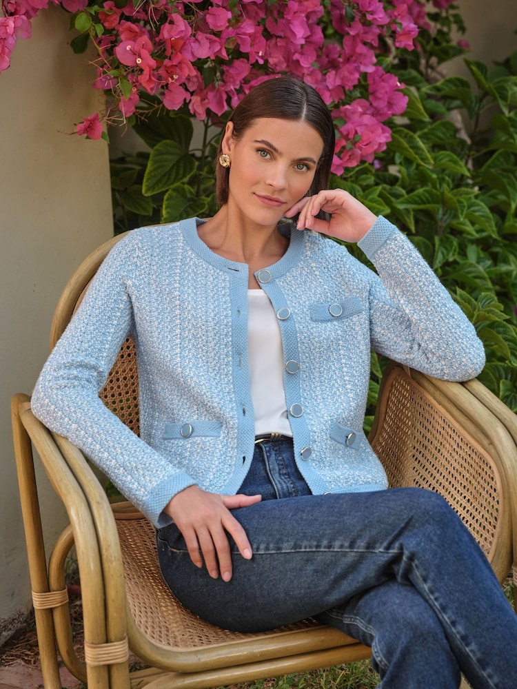 Pure Collection Blue Cotton Tweedy Cardigan - Image 1 of 3