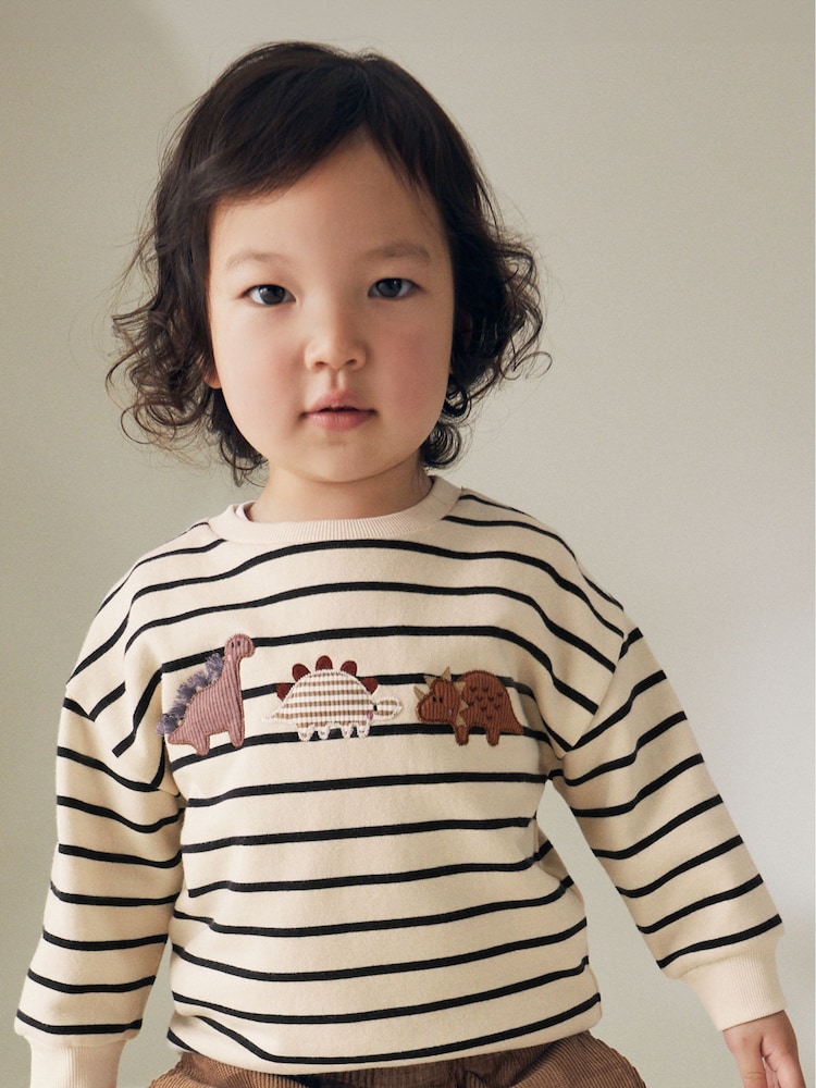 Ecru Cream Stripe Dinosaur Embroidered Crew Neck Sweatshirt (3mths-7yrs) - Image 1 of 5 Ecru Cream Stripe Dinosaur Embroidered Crew Neck Sweatshirt (3mths-7yrs) - Image 1 of 5