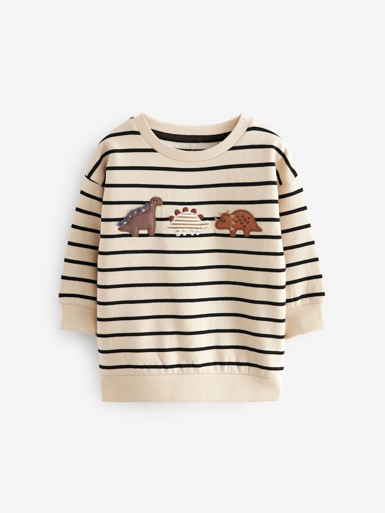 Ecru Cream Stripe Dinosaur Embroidered Crew Neck Sweatshirt (3mths-7yrs) - Image 3 of 5
