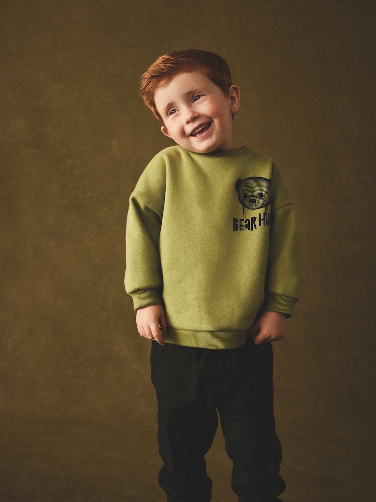 Khaki Green Bear Placement Backprint Crew Neck Sweatshirt (3mths-7yrs) - Image 2 of 6 Khaki Green Bear Placement Backprint Crew Neck Sweatshirt (3mths-7yrs) - Image 2 of 6