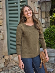 Pure Collection Green Cotton Mesh Boat Neck Jumper - Image 1 of 3