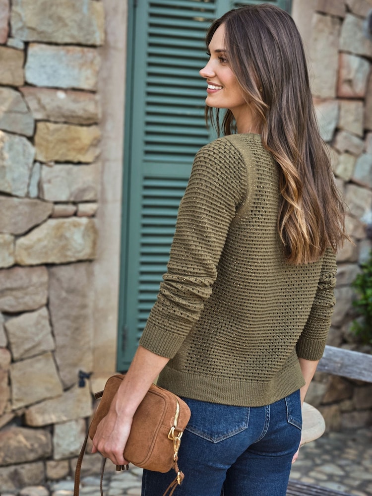 Pure Collection Green Cotton Mesh Boat Neck Jumper - Image 2 of 3