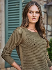 Pure Collection Green Cotton Mesh Boat Neck Jumper - Image 3 of 3