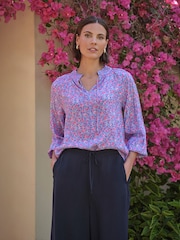 Pure Collection Blue Watercolour Pansy Shirred Neck Blouse - Image 1 of 3