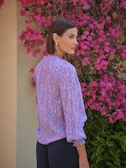 Pure Collection Blue Watercolour Pansy Shirred Neck Blouse - Image 2 of 3