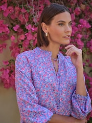 Pure Collection Blue Watercolour Pansy Shirred Neck Blouse - Image 3 of 3