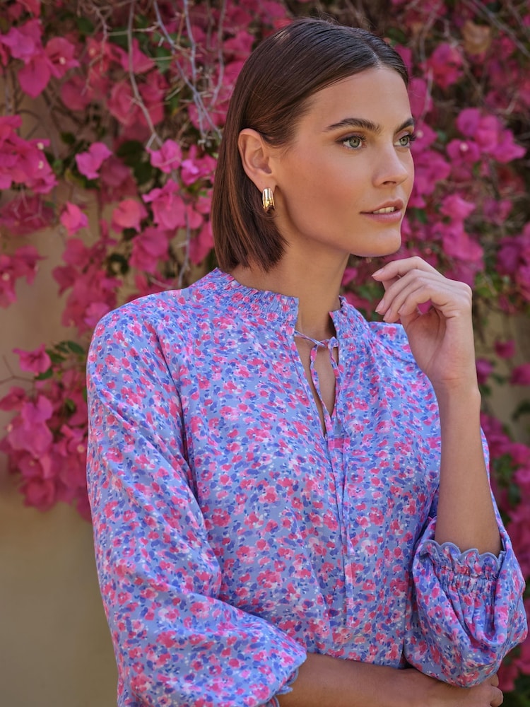 Pure Collection Blue Watercolour Pansy Shirred Neck Blouse - Image 3 of 3