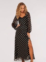 Apricot Black & Gold Foil Dot Chiffon Split Midi Dress - Image 1 of 6