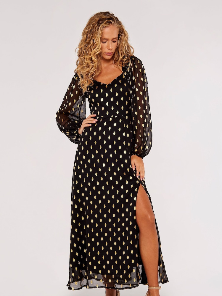 Apricot Black & Gold Foil Dot Chiffon Split Midi Dress - Image 1 of 6