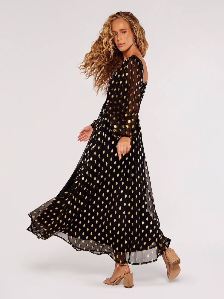 Apricot Black & Gold Foil Dot Chiffon Split Midi Dress - Image 2 of 6