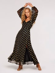 Apricot Black & Gold Foil Dot Chiffon Split Midi Dress - Image 4 of 6