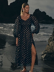 Apricot Black & Gold Foil Dot Chiffon Split Midi Dress - Image 6 of 6