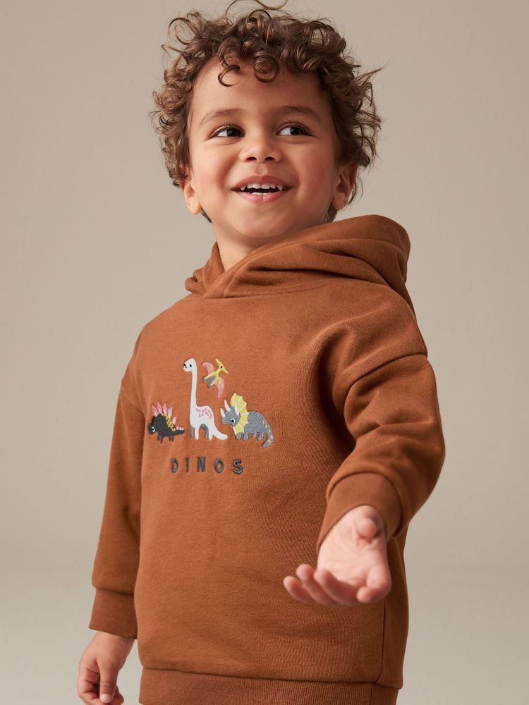 Rust Brown Dinosaur Embroidered Placement Hoodie (3mths-7yrs) - Image 1 of 7