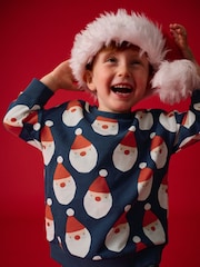 Navy Blue Santa All Over Print Christmas Crew Neck 100% Cotton Sweatshirt (3mths-7yrs) - Image 1 of 8