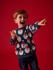 Navy Blue Santa All Over Print Christmas Crew Neck 100% Cotton Sweatshirt (3mths-7yrs) - Image 2 of 8