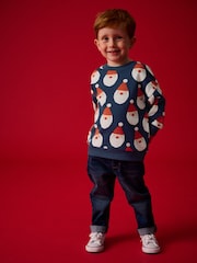Navy Blue Santa All Over Print Christmas Crew Neck 100% Cotton Sweatshirt (3mths-7yrs) - Image 4 of 8