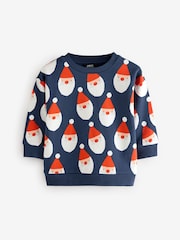 Navy Blue Santa All Over Print Christmas Crew Neck 100% Cotton Sweatshirt (3mths-7yrs) - Image 5 of 8