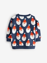 Navy Blue Santa All Over Print Christmas Crew Neck 100% Cotton Sweatshirt (3mths-7yrs) - Image 6 of 8
