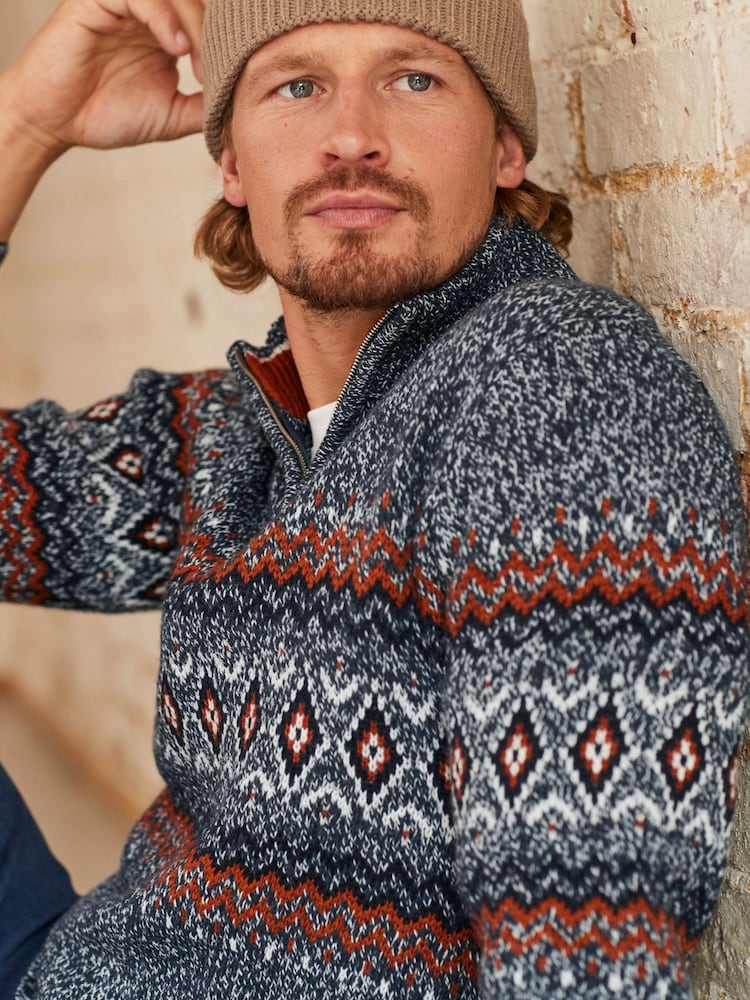 Marineblau/Rot - Reissverschluss am Kragen - Strick-Pullover mit Norwegermuster - Bild 1 von 9 Marineblau/Rot - Reissverschluss am Kragen - Strick-Pullover mit Norwegermuster - Bild 1 von 9
