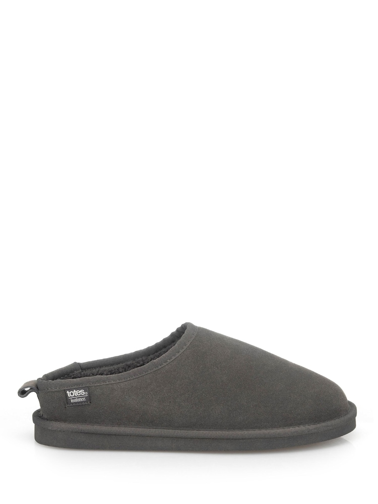 Totes Grey Suede Mule Slippers with Borg Lining - Image 2 of 5 Totes Grey Suede Mule Slippers with Borg Lining - Image 2 of 5