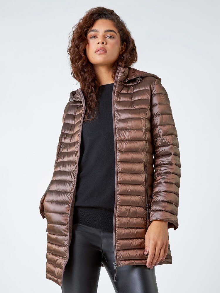 Roman Brown Longline Padded Coat with Hood - Image 1 of 5