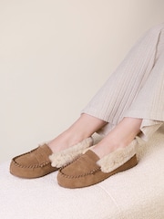 Totes Brown Suede Moccasin Slippers with Faux Fur Lining - Image 1 of 5
