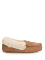 Totes Brown Suede Moccasin Slippers with Faux Fur Lining - Image 2 of 5
