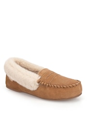 Totes Brown Suede Moccasin Slippers with Faux Fur Lining - Image 3 of 5