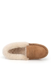 Totes Brown Suede Moccasin Slippers with Faux Fur Lining - Image 4 of 5