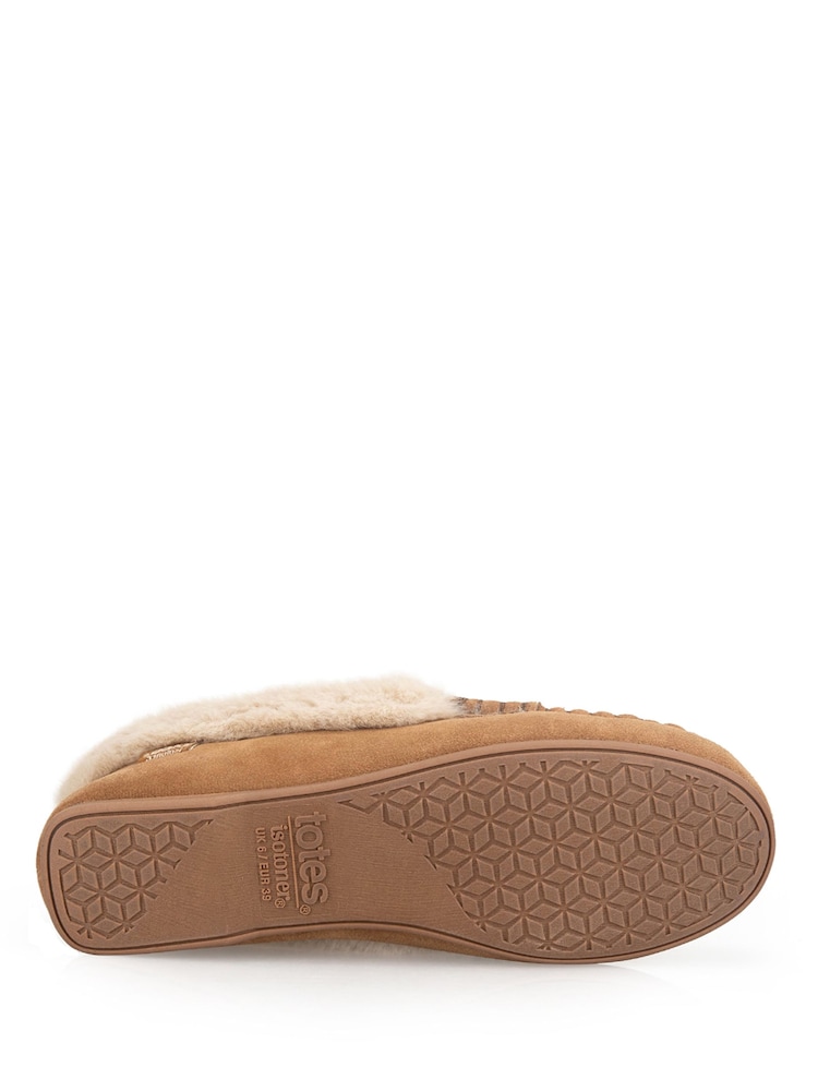 Totes Brown Suede Moccasin Slippers with Faux Fur Lining - Image 5 of 5 Totes Brown Suede Moccasin Slippers with Faux Fur Lining - Image 5 of 5