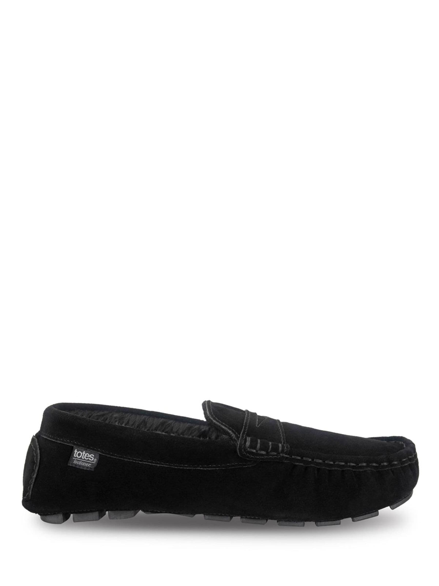 Buy Totes Black Suede Moccasin Slippers with Faux Fur lining from