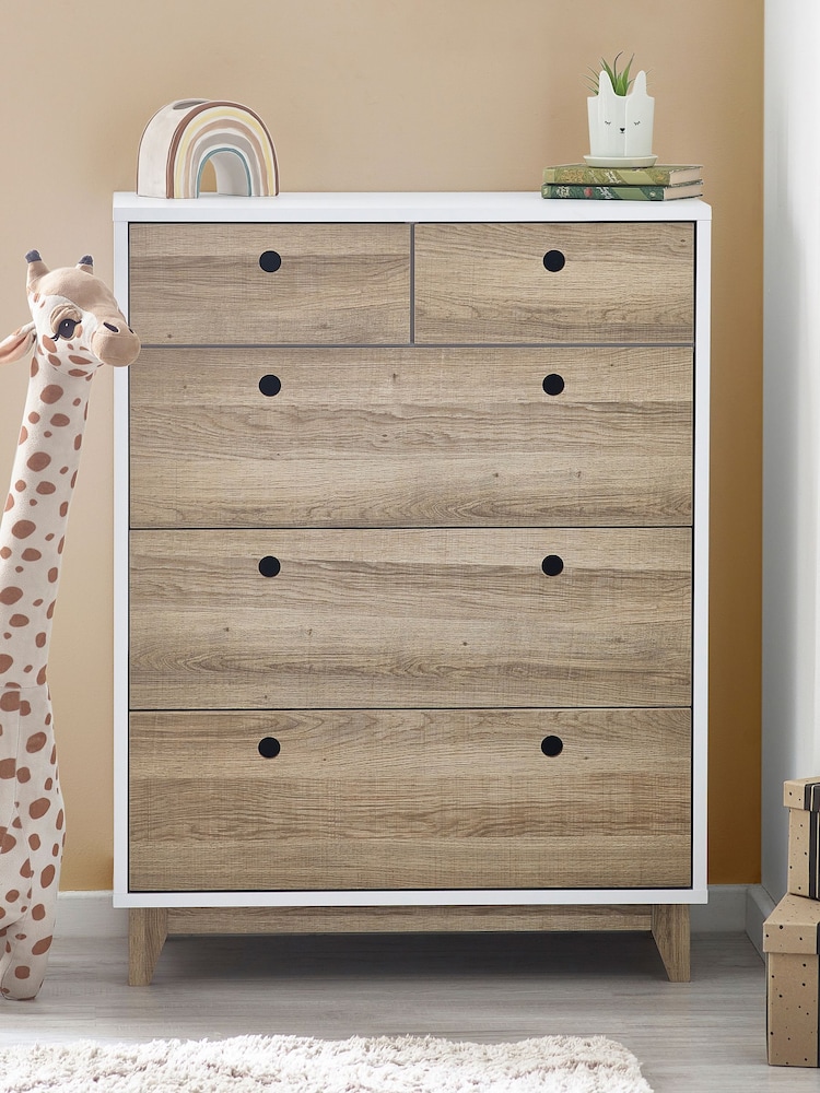 White/Wood Effect Parker Kids 5 Drawer Chest of Drawers - Image 1 of 7