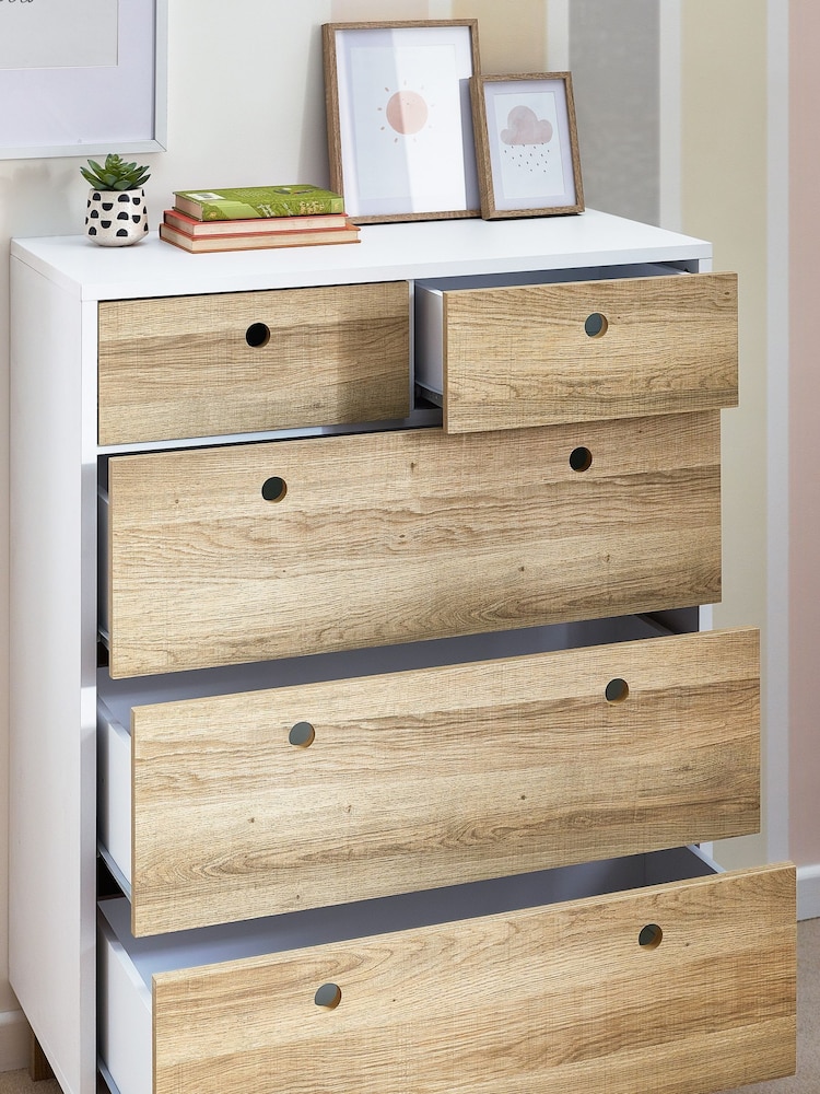 White/Wood Effect Parker Kids 5 Drawer Chest of Drawers - Image 2 of 7