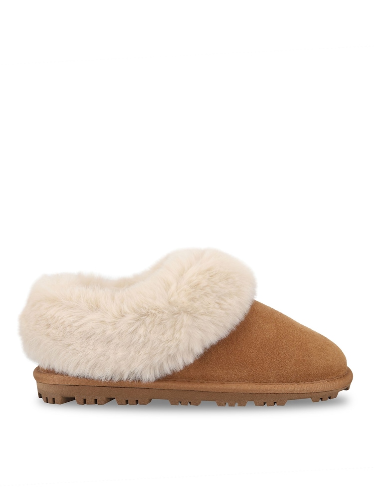 Totes Brown Suede Boot Slippers with Faux Fur Cuff - Image 2 of 5 Totes Brown Suede Boot Slippers with Faux Fur Cuff - Image 2 of 5