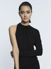 Reiss Black Helena Fitted One-Shoulder Velvet Bow Maxi Dress - Image 3 of 5
