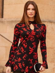 Schwarz - Sosandar Jersey-Top mit Animalprint, Schlüssellochdetail und geriffelten Bündchen - Bild 4 von 5