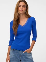 VERO MODA Blue Lace Trim V-Neck Top - Image 1 of 6